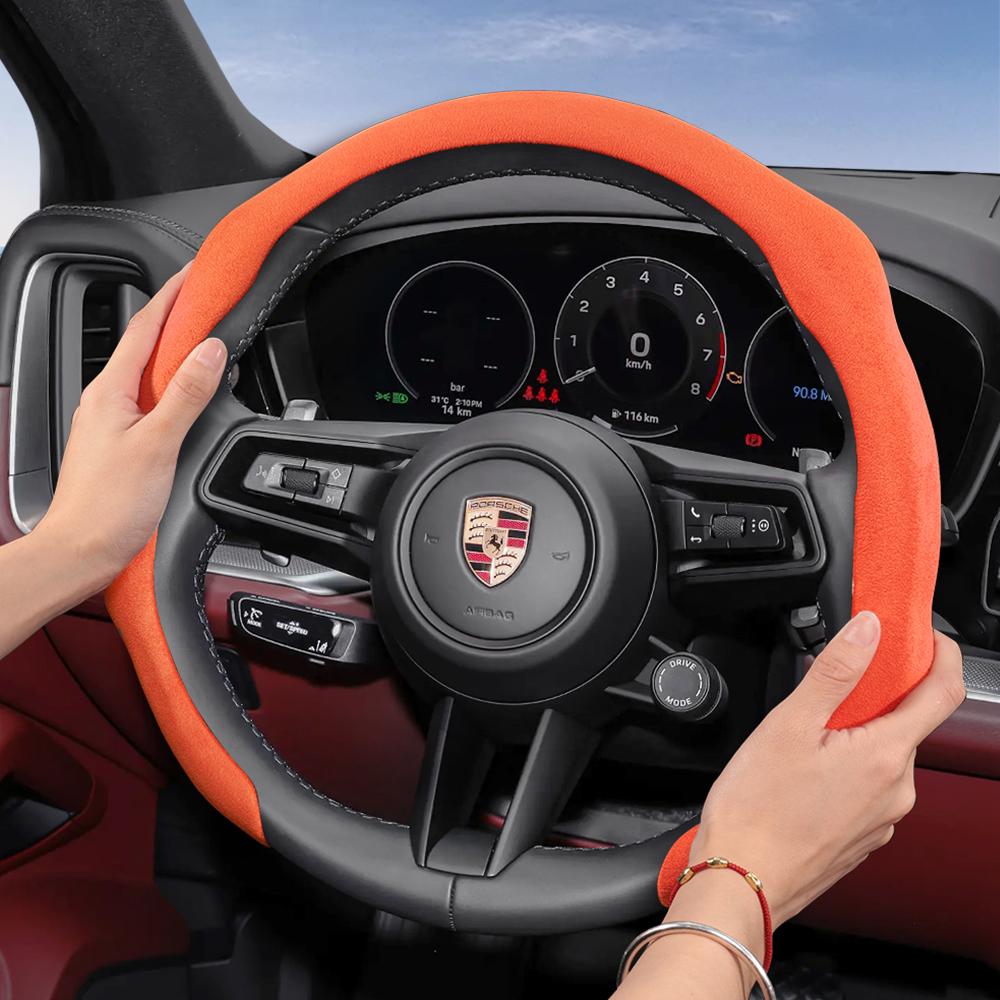 Suitable for Porsche Premium Suede Snap-On Steering Wheel Cover, Non-Slip and Durable Cayenne 996 Macan 957 Volante Boxster 986 718 Alcantara Turbo