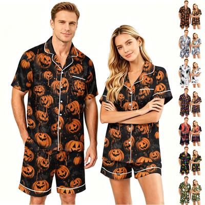 Couple Matching Halloween Pajama Set Short Sleeve Button Down Shirt and Shorts Soft Casual Sleepwear S To XXXXL