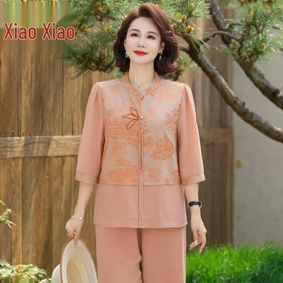 Elegant Jacquard New Chinese Style Summer Blouse Set for Women