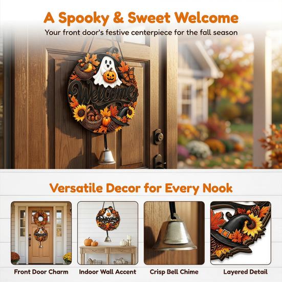 Durable Door Sign for Porch Halloween Pumpkin Ghost Wooden Welcome Hanger Sign, Cute Wall Ornament with Bell Front Hanging Rope, Decor Indoor Outdoor
