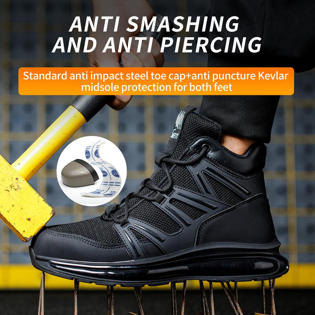 Men's Steel Toe Safety Shoes Anti-Crush Piercing Soft Sole Breathable Fashion Pure Black Work Boots Upgraded Comfort
