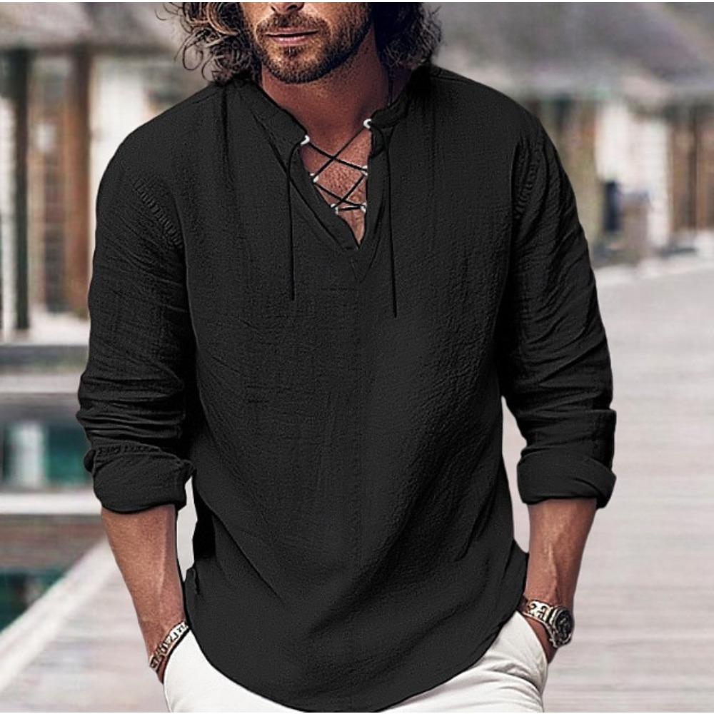 Camicia da uomo Camicia in lino Camicia estiva Abbigliamento da spiaggia Manica lunga Liscia Scollo a V Primavera-Estate Casual Usura quotidiana