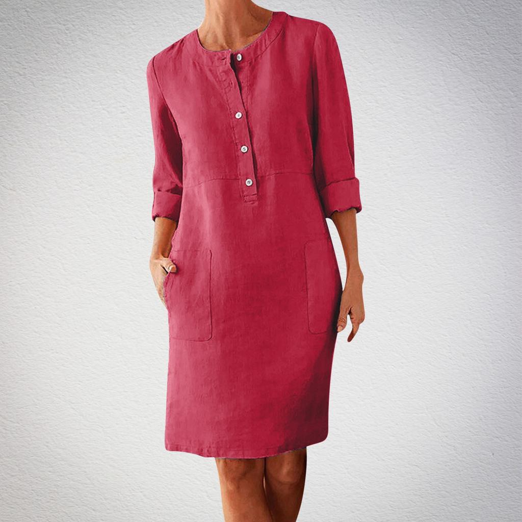 Large Size Women's Cotton and Linen Round Neck Long Sleeved Dress