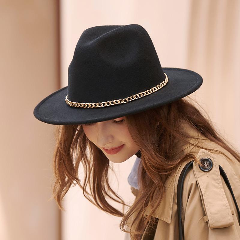 New Felt Hat Women's Chain Decorative Jazz Hat High-end Elegant Temperament Fashion Top Hat