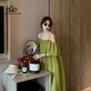 French Style Simple Off-shoulder Solid Color Dress Women's Summer New Slimming Retro High-end Elegant Long Dress