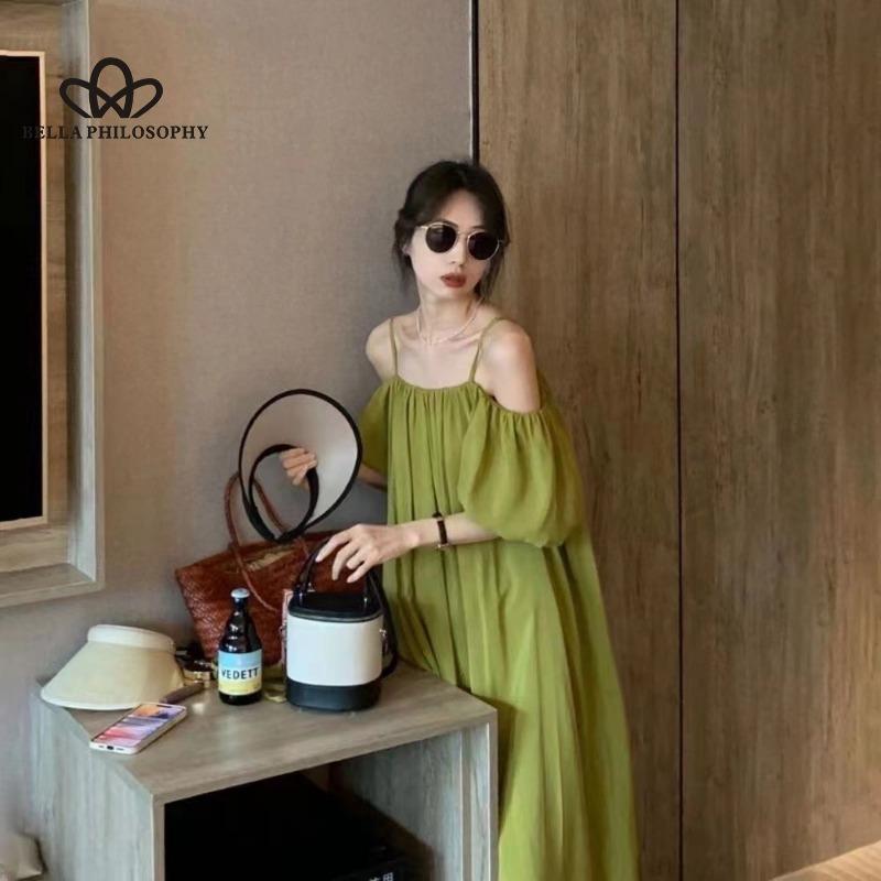 French Style Simple Off-shoulder Solid Color Dress Women's Summer New Slimming Retro High-end Elegant Long Dress