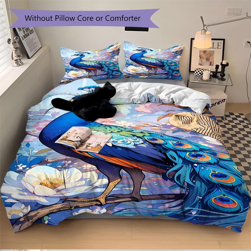 3pcs Peacock Feather Duvet Cover Set, Soft Comfortable Duvet Cover,Guest Room (1*Duvet Cover + 2*Pillowcase, Without Core) yy251104141