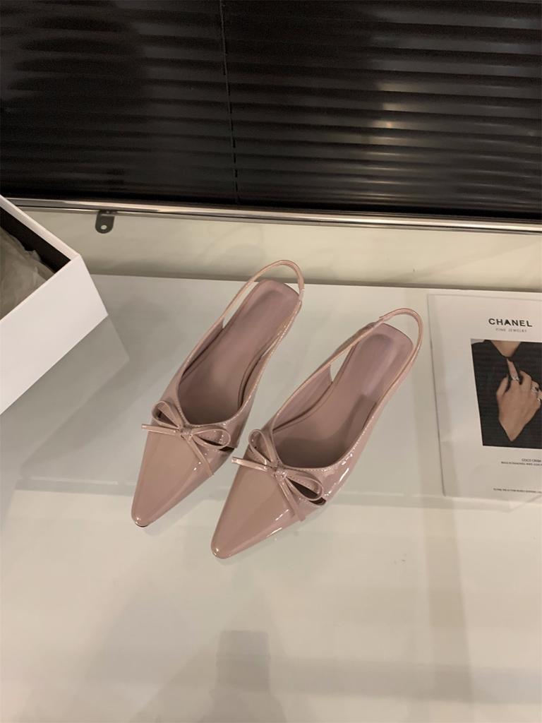 Thick heel nude bow bag head sandals fairy shoes with skirt pointed single shoes