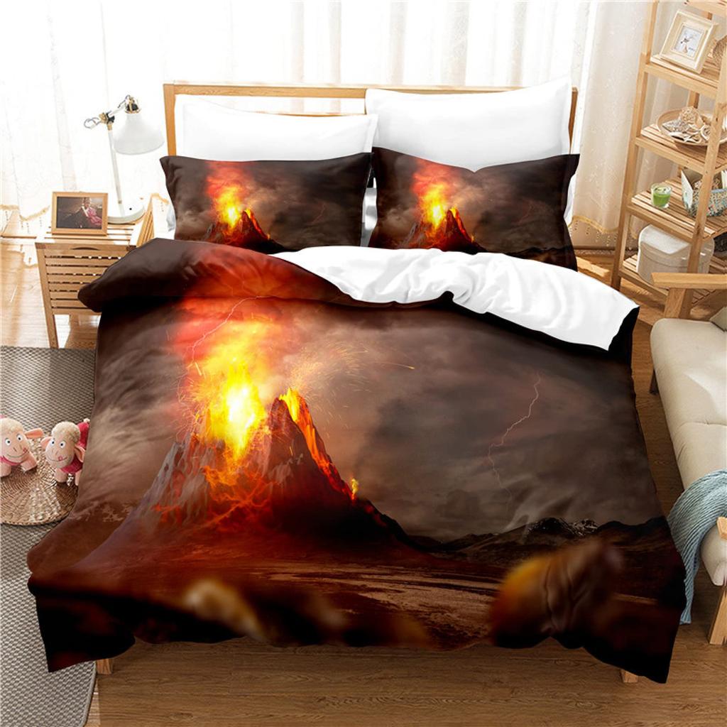 Volcano King Queen Duvet Cover Volcanic Eruption Bedding Set Fire Mountain Comforter Cover Natural Scenery Polyester Quilt Cover