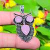 Owl- Pink Chalcedony Gemstone Handmade 925 Sterling Silver Pendant 1.97" S0H48