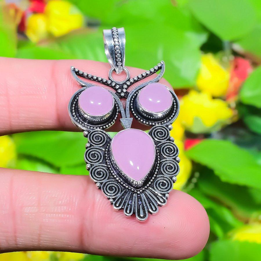 Owl- Pink Chalcedony Gemstone Handmade 925 Sterling Silver Pendant 1.97" S0H48