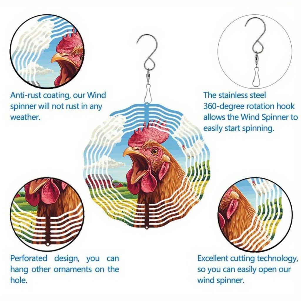 2D Rooster Wind Spinner Kinetic Metal Garden Decor for Outdoor Farmhouse Patio Yard No Battery Required Unique Gift Idea