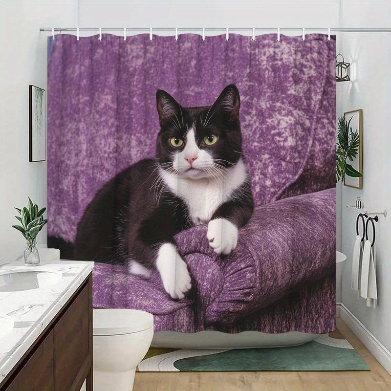 

Purple And Black Cat Armchair Washable Dirt-Resistant Shower Curtain Shower Head Waterproof Polyester Bath Curtain W60H190(CM)-1 Pcs