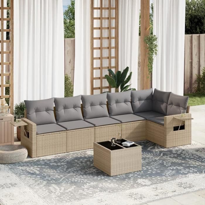 VidaXL Salon de Jardin avec Coussins 7 pcs, Canapés de Terrasse, Ensemble de Meubles de Patio, Mobilier d'Extérieur, Beige 3220198
