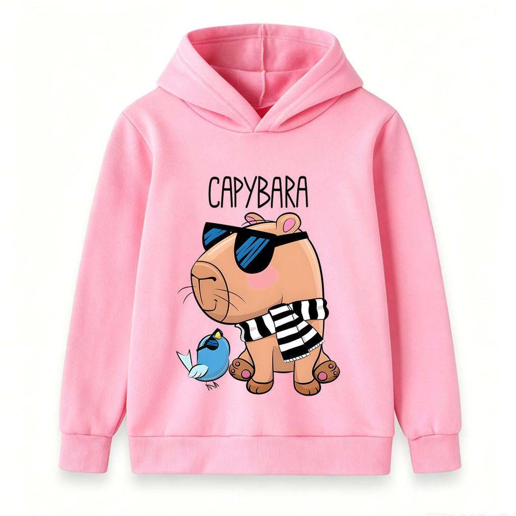 Kids Boys Girls Pullover Hoodie, Cool Capybara Wearing Sunglasses Print Casual Hooded Sweatshirt, Cute Blue Bird Pattern Soft Warm Lightweight Top