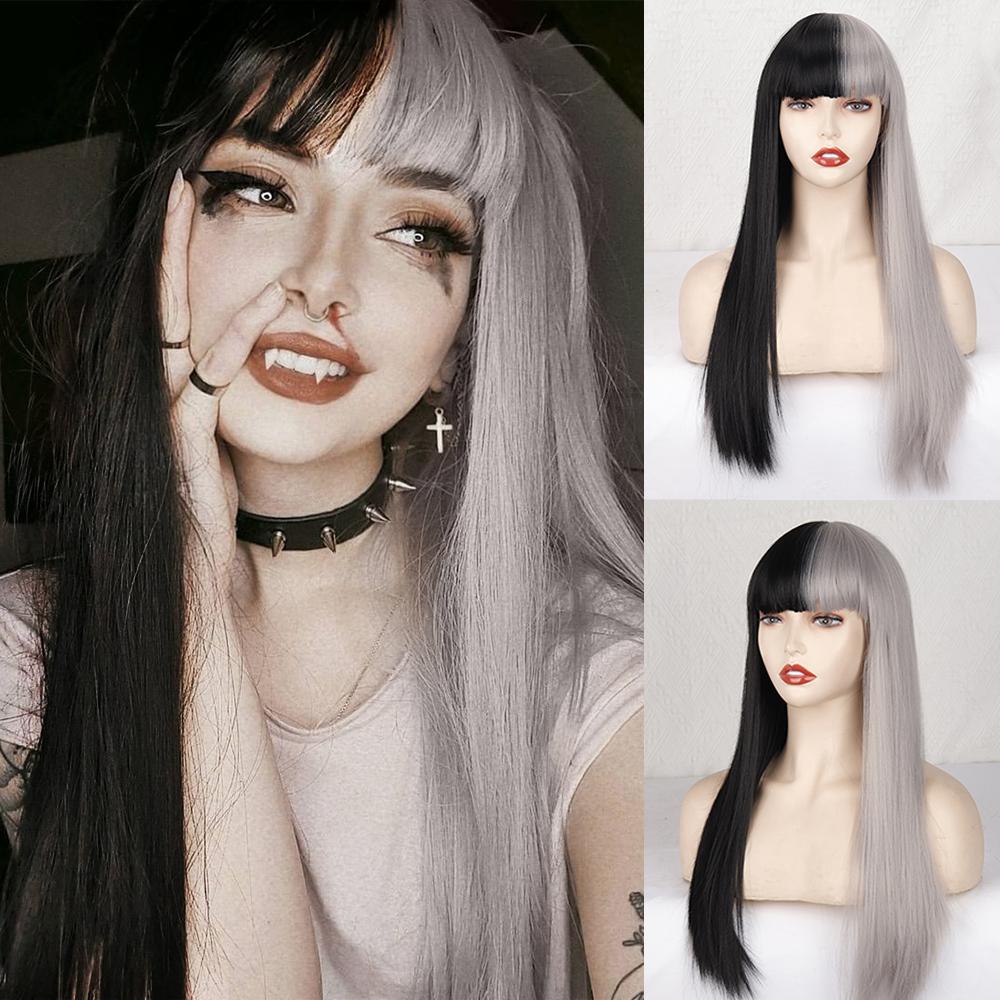 

MISS WIG, женский модный длинный прямой получерный, серый парик с челкой, длинный прямой парик из синтетического волокна, повседневная одежда, косплей
