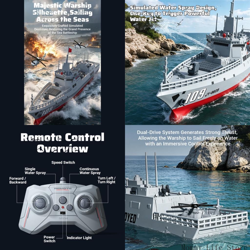 Remote Control Boat Toy With 2.4 Ghz Steering, Water Action Feature, Twin Drive Power And Warship Model For Pond And Lake