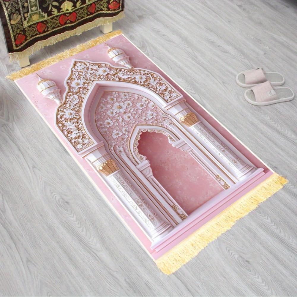 

Black Starry Mosque & Pink 3D Floral Arch Islamic Prayer Rug Portable Muslim Salah Mat Ramadan Home Decor Prayer Carpet 50x100cm