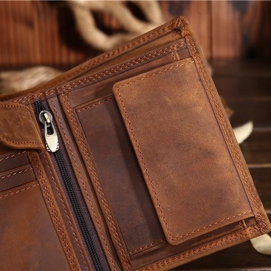 Men's Leather Vertical Wallet, Crazy Horse Wallet, Trendy Layer, Cowhide Wallet, Retro Style, Student Wallet