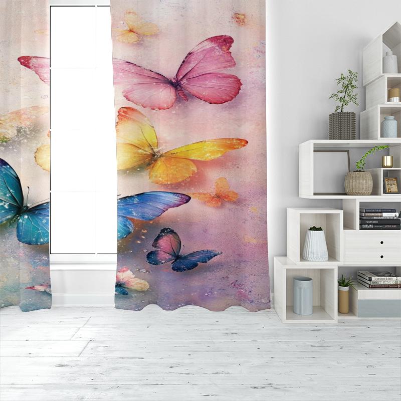 2Pcs- Colorful Butterfly - Printed Curtain -100% Polyester Material, Suitable for Bedroom Curtains and Living Room Decoration.