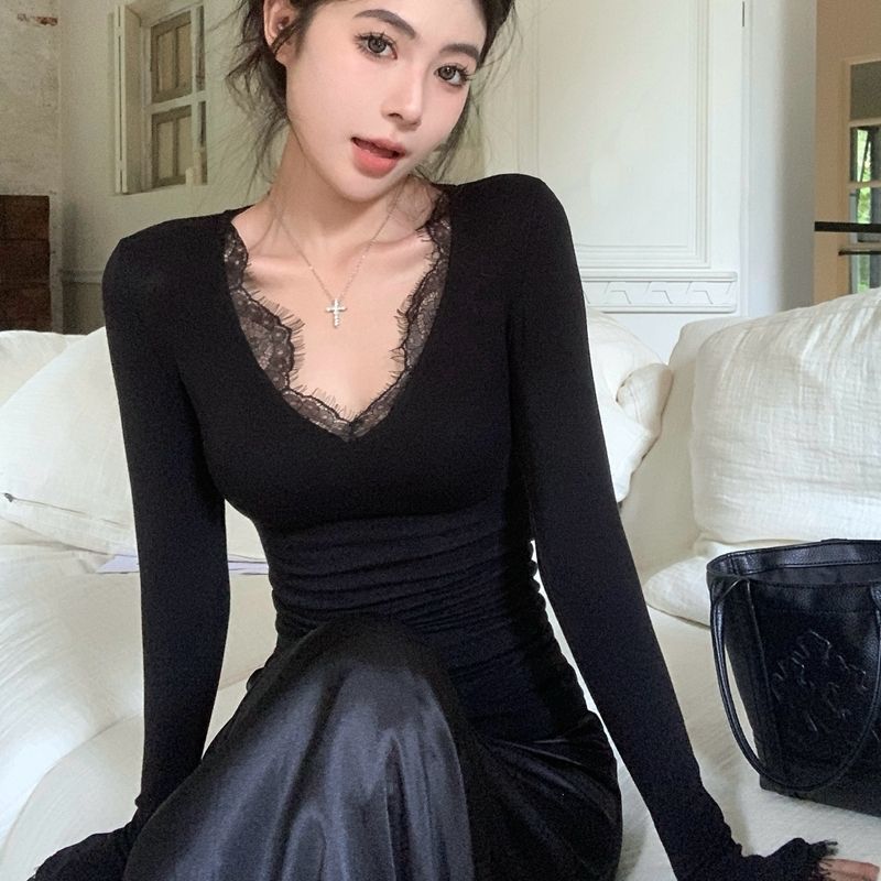 Women's Pure Desire Style Hot Girl V-neck Lace Stylish T-shirt with Velvet Bottom Tailored and Versatile Long Sleeve Top Women