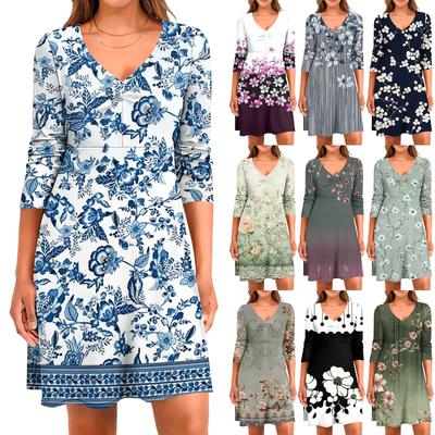 Vestido Casual Feminino Solto Confortável Estampado com Decote V e Manga 3/4