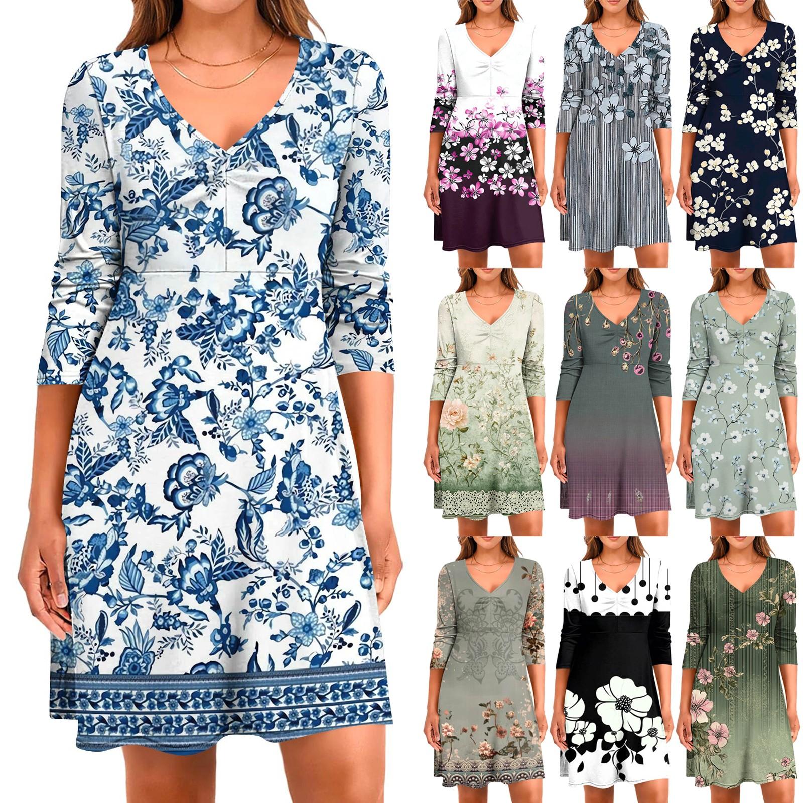 

Women s Casual Loose Comfortable Print V-Neck 3/4 Sleeve Dress XXL