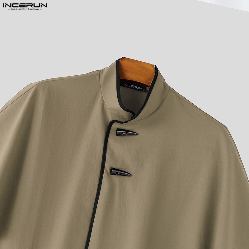 INCERUN Mens Vintage Stand Collar Cape Coat Batwing Sleeve Irregular Hem Streetwear Poncho Cloak
