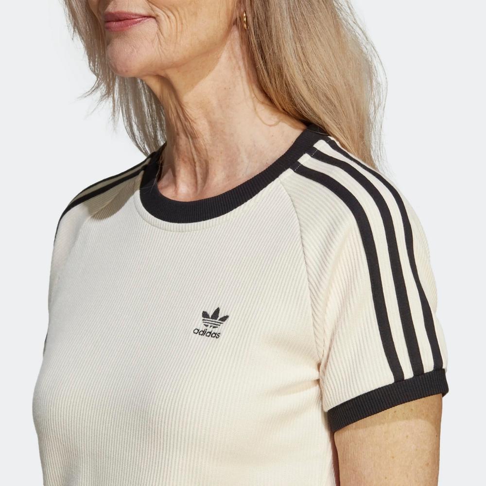 Adidas Originals 3-Stripes Slim T-Shirt, Contrast Sports Crew Neck, Short Sleeve Women Tops Wonder-White IC5463