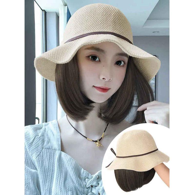 

Hat Wig Integrated Female Fashion Summer Bow Fisherman Hat Collarbone Hair Net Red All-Matching Hollow Hat Wig Bows Fisherman Hat-Cold Brown