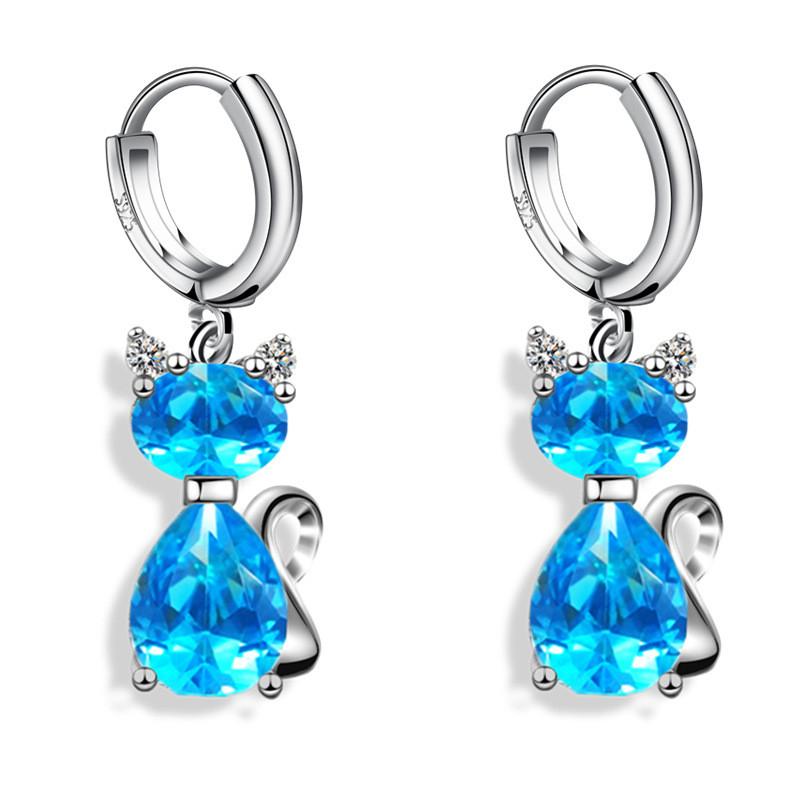 Aqua Blue Pink White Zircon Animal Earring Female Cute Small Cat Hoop Earrings For Women Trendy Silver Color Bridal Jewelry Gift