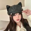 Leather Cat Ears Black Beret for Women Sweet and Cute Versatile Big Head Circumference Octagonal Cloud Newsboy Hat