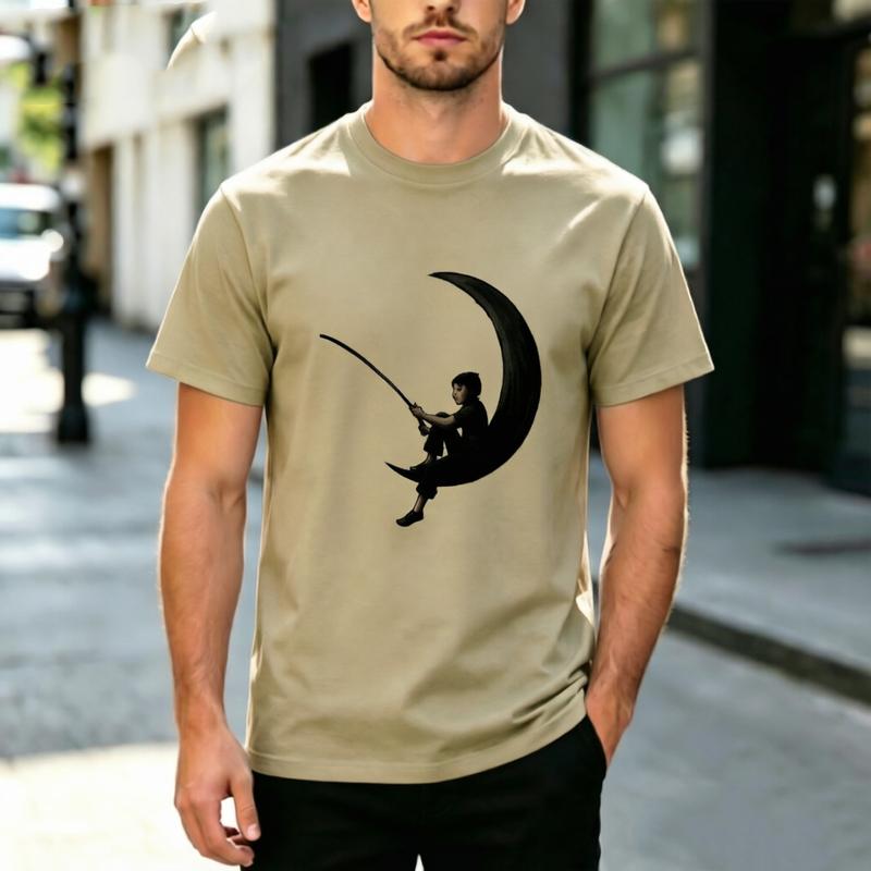 Trendy Dreamy Minimalist Night Sky Crescent Moon Fishing Boy Silhouette Graphic Tee Unisex Unisex Cotton Urban Daily Relax Casual