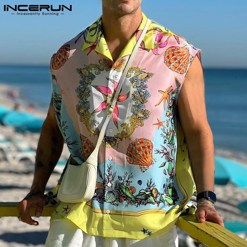 

INCERUN/летняя мужская модная жилетка без рукавов с принтом, пляжная праздничная блузка, повседневные свободные топы на бретелях, большие размеры