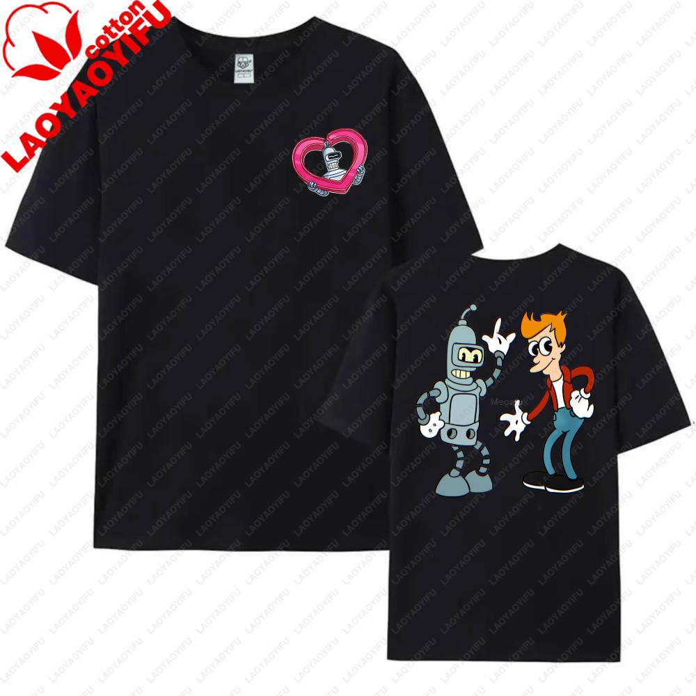 Funny Futurama Tees Robot and Boy Cartoon Design Unisex Cotton TShirt Casual Summer Wear Trendy Graphic Tee for Unisex Women