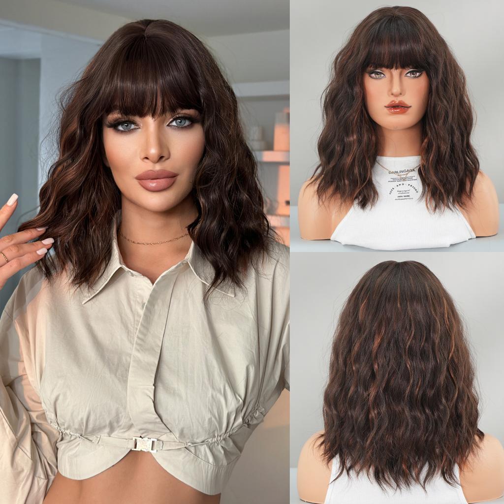 Perucă 2025 Nouă Europeană Americană Maro Gradient Medie Lungă Ondulată - Breton Complet cu Design Păr Înrădăcinat, Stil Natural Full Cap, 5 Culori Disponibile