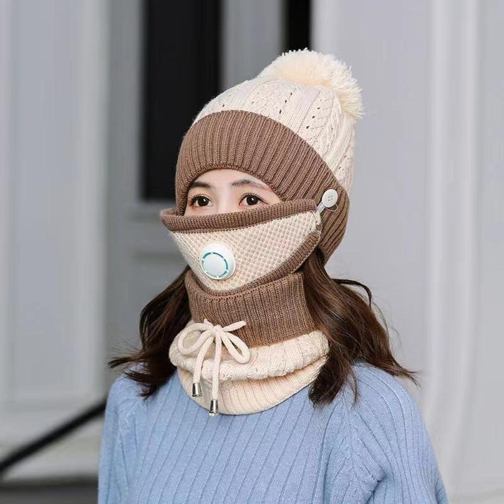Comfortable Thick Fleece Beanie Hat Scarf Soft Plush Breathable Scarf Cap Keep Warm Winter Hat Mask Women