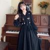V-Neck Floral Embroidered Retro Black Dress - Spring/Autumn, Loose Fit, Large Size, Elegant Waist Design