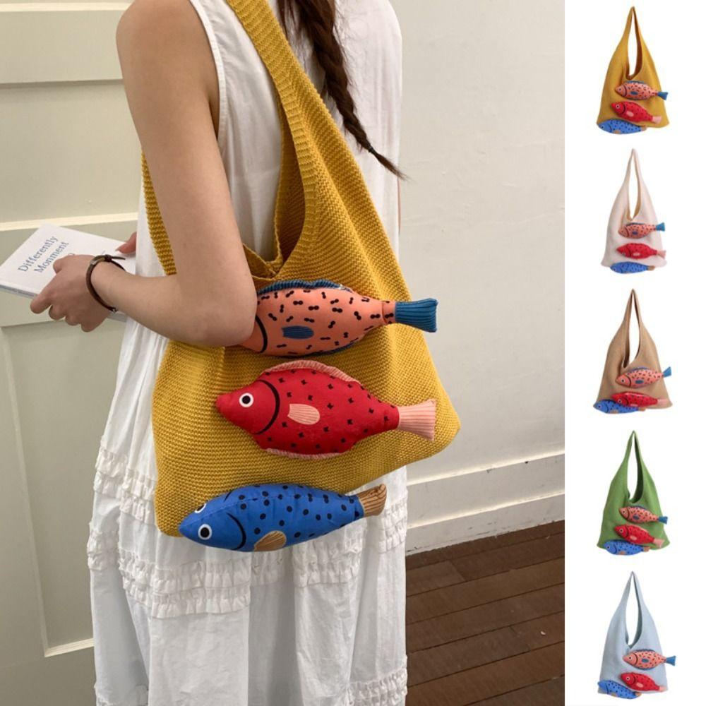 Crochet Weave Knitted Bag Cotton Beach Bag Trendy Fish Shoulder Bag Tote Bag