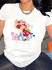 Vibrant Cartoon Figure & Strawberry Print Relaxed Fit Crew Neck Short Sleeves Casual T-Shirt Y2k Top Graphic  Women Clothing
