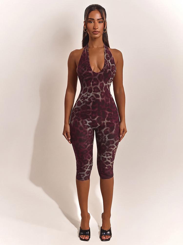 Mono Sexy para Mujer con Estampado de Leopardo, Cuello Halter, Escote en V Profundo, Espalda Descubierta, Ropa de Club