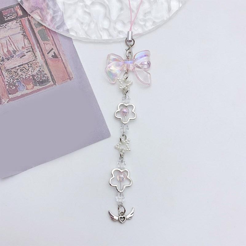 Bowknot Heart Pendant Cellphone Strap Phone Chain Detachable Beaded Phone Lanyard Handmade Keychains for Wallet Bag