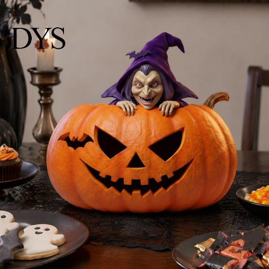 Halloween Bat Witch Statue Resin Pumpkin Figurine, Spooky Detailed Tabletop Decor, Stable Compact Sculpture Base Mini for Window Showcase Home