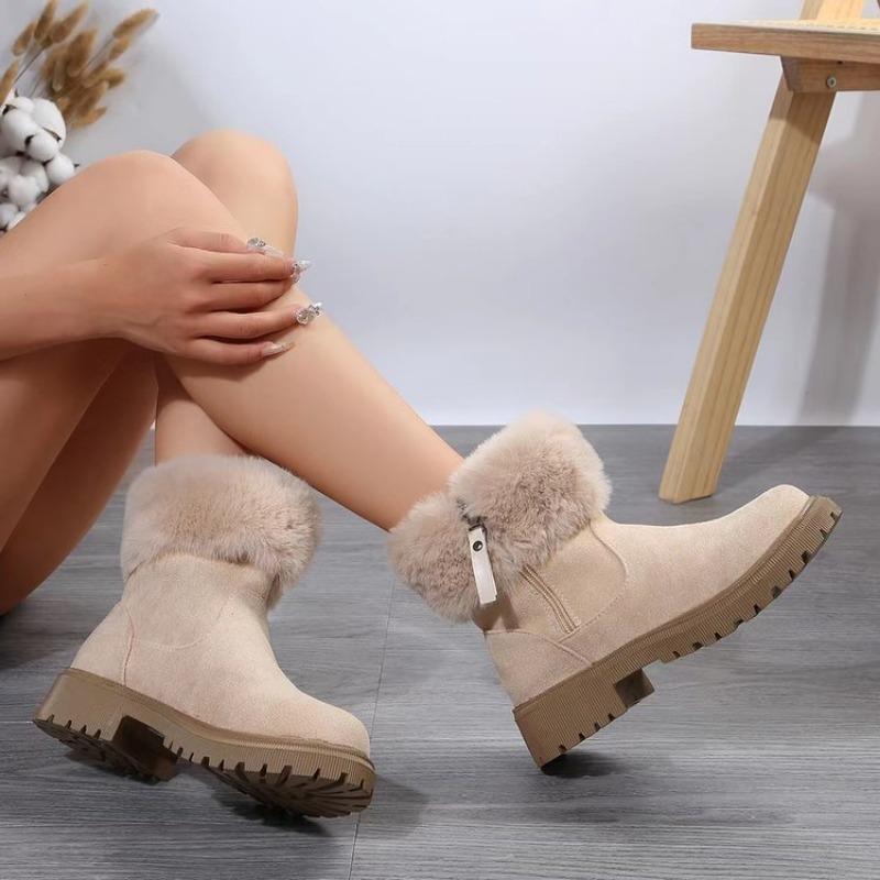 Winter New Large Size Women's Boots Solid Color Plush Shoes Side Zipper Low Heel Warm Cotton Boots Women