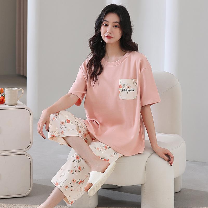 Cotton and silk pajamas women's summer thin round neck short-sleeved cropped pants Korean version Modal soft loose loungewear suit