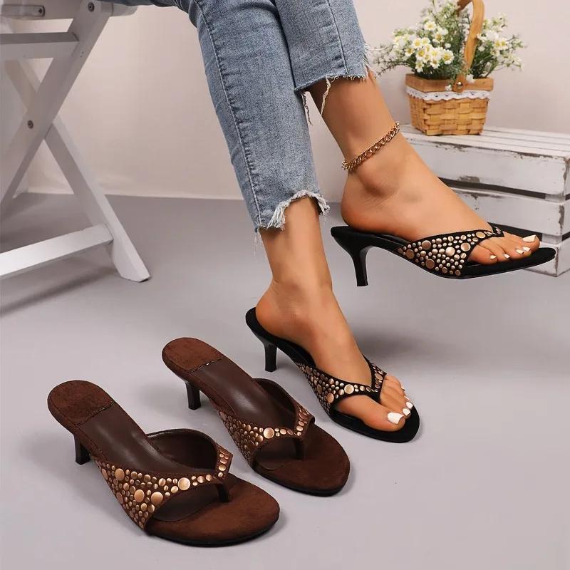 Fashion New Black Rivets Studded High Heel Sandalen Women Summer Flip Flop Sandals Sexy Thin Heels Shoes Designer Slippers