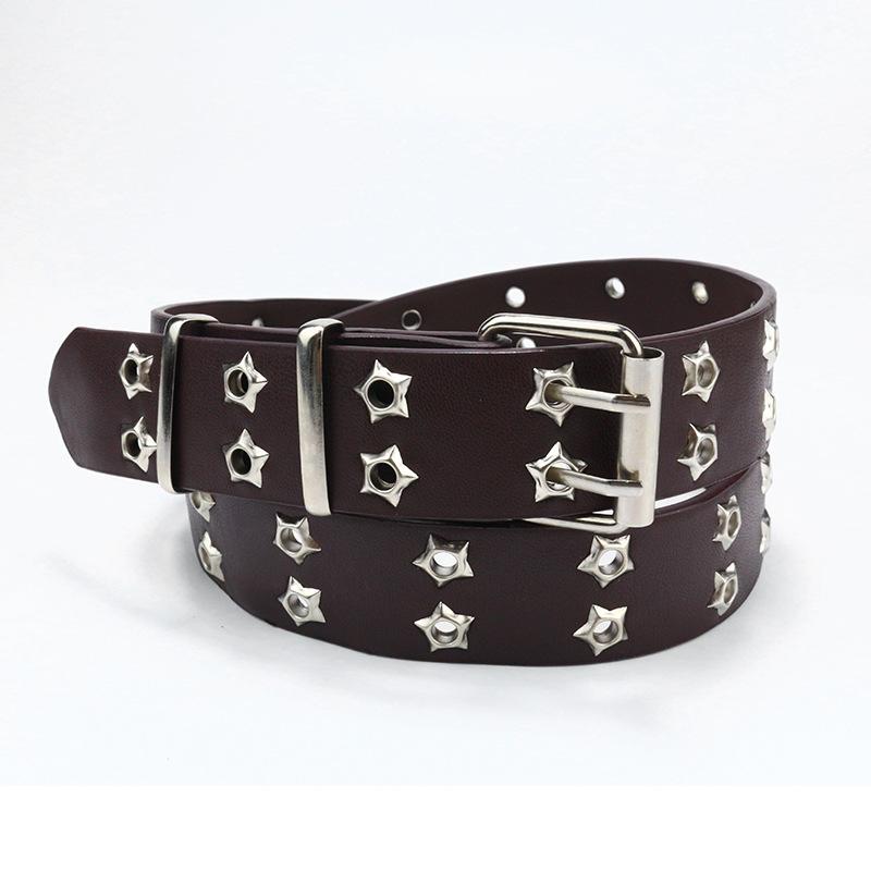 

Hollow Punk Women S Belt Double Pin Buckle Double Air Eye Belt Women S Decorative Jeans Belt 110cm темно-коричневого кольору