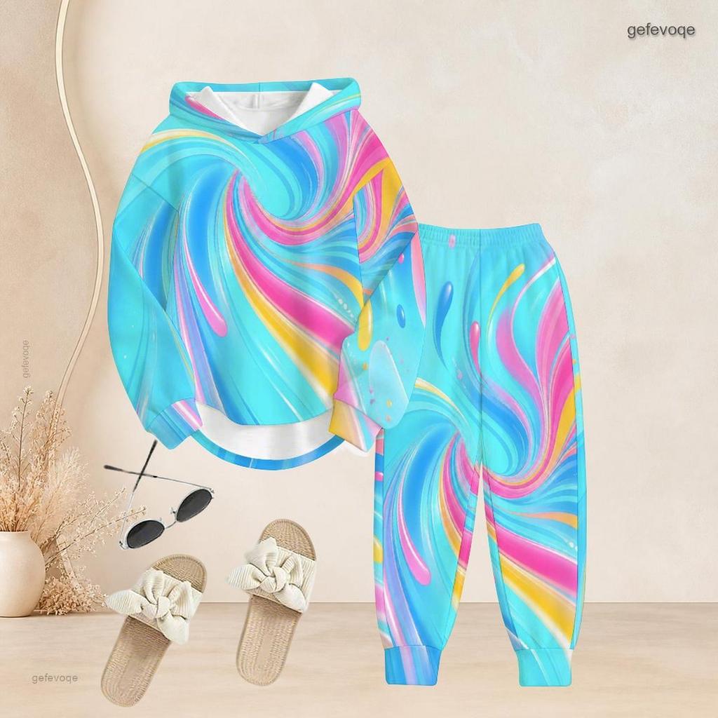 Women Plus Size Two Piece Set Hooded Long Sleeve Colorful Printed Top Cuffed Pants
