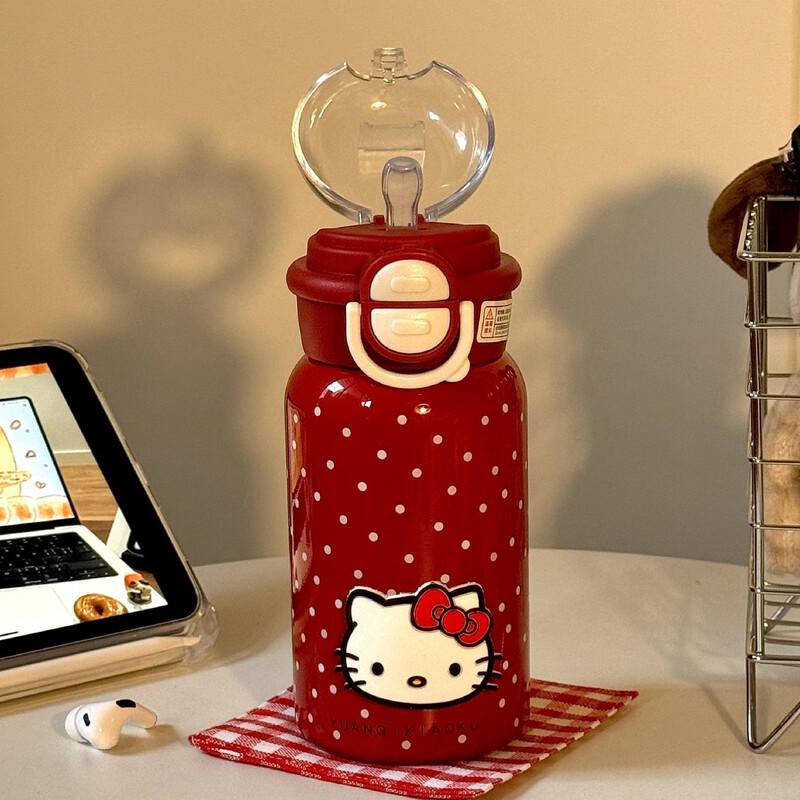 MOZHOU Винтажная красная термобутылка для воды в горошек с кошкой