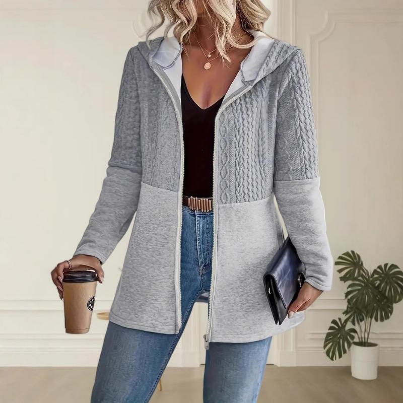 

European American Autumn Winter Solid Color Corrugated Pocket Splicing Casual Loose Women s Hooded Jacket S серый